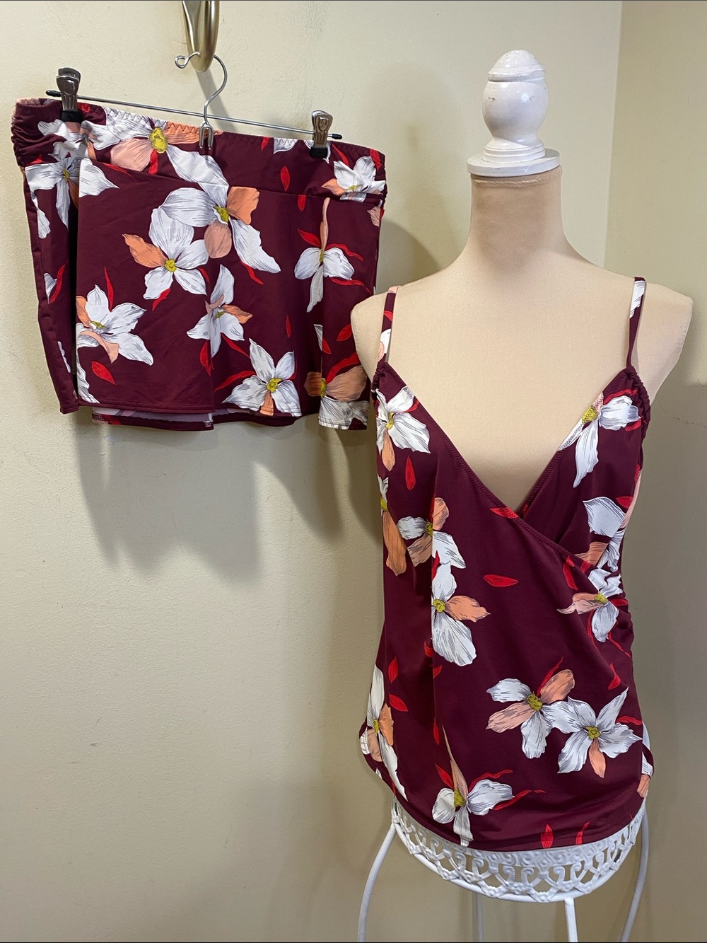 Lands' End Burgundy Floral Surplice Cami and skirt Swim Suit Sz 12